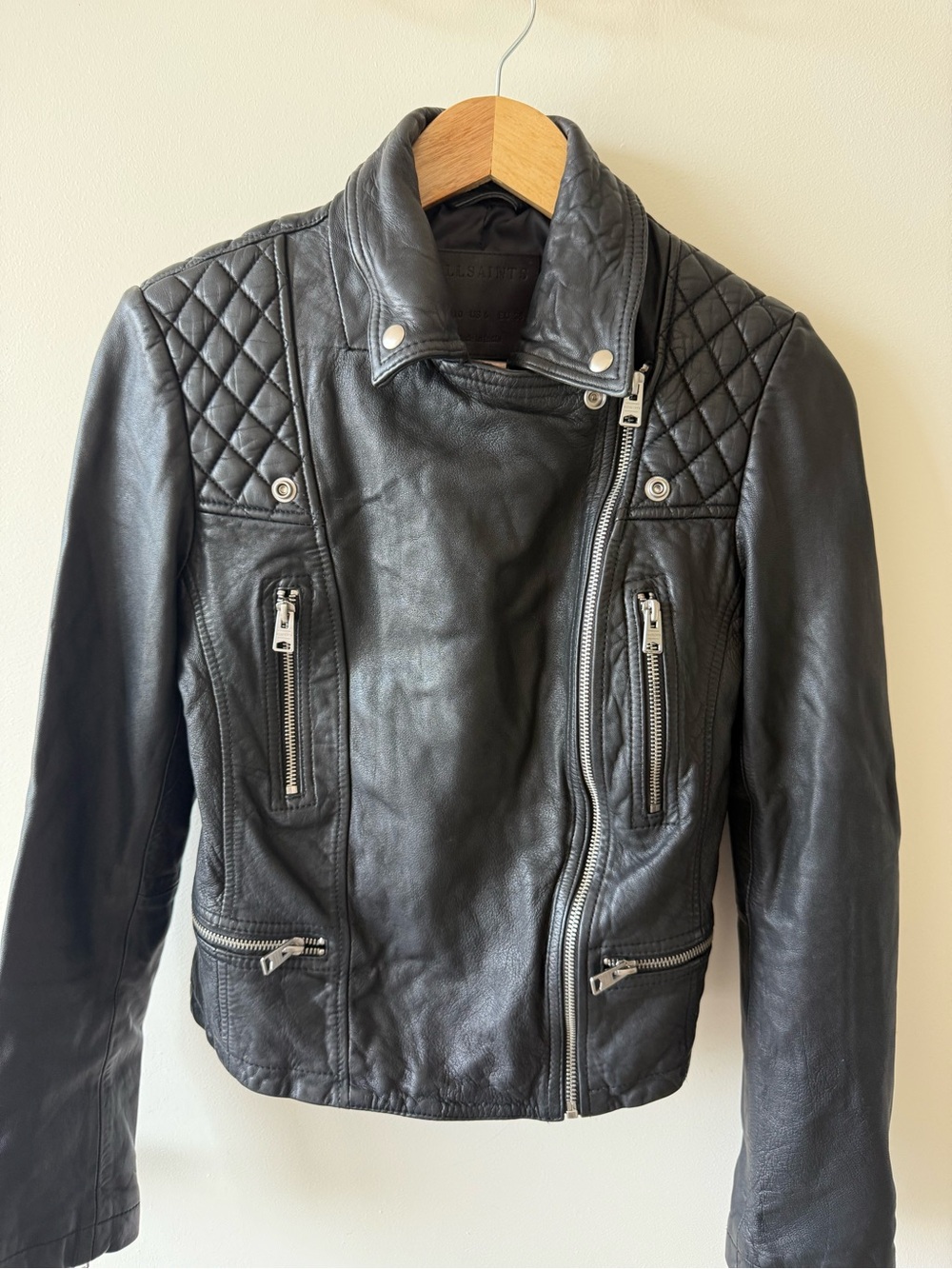 All Saints Black Quilted Shoulder Leather Moto Jacket